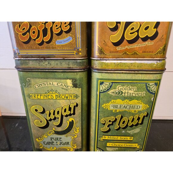 Retro Kitchen Tin Canister Set Coffee, Tea, Sugar & Flour Tins Vintage 1970s Sty - Picture 11 of 16